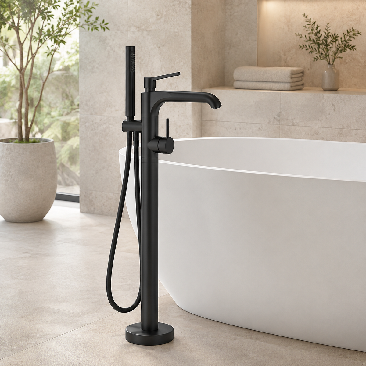 Matte black freestanding tub faucet beside a white bathtub