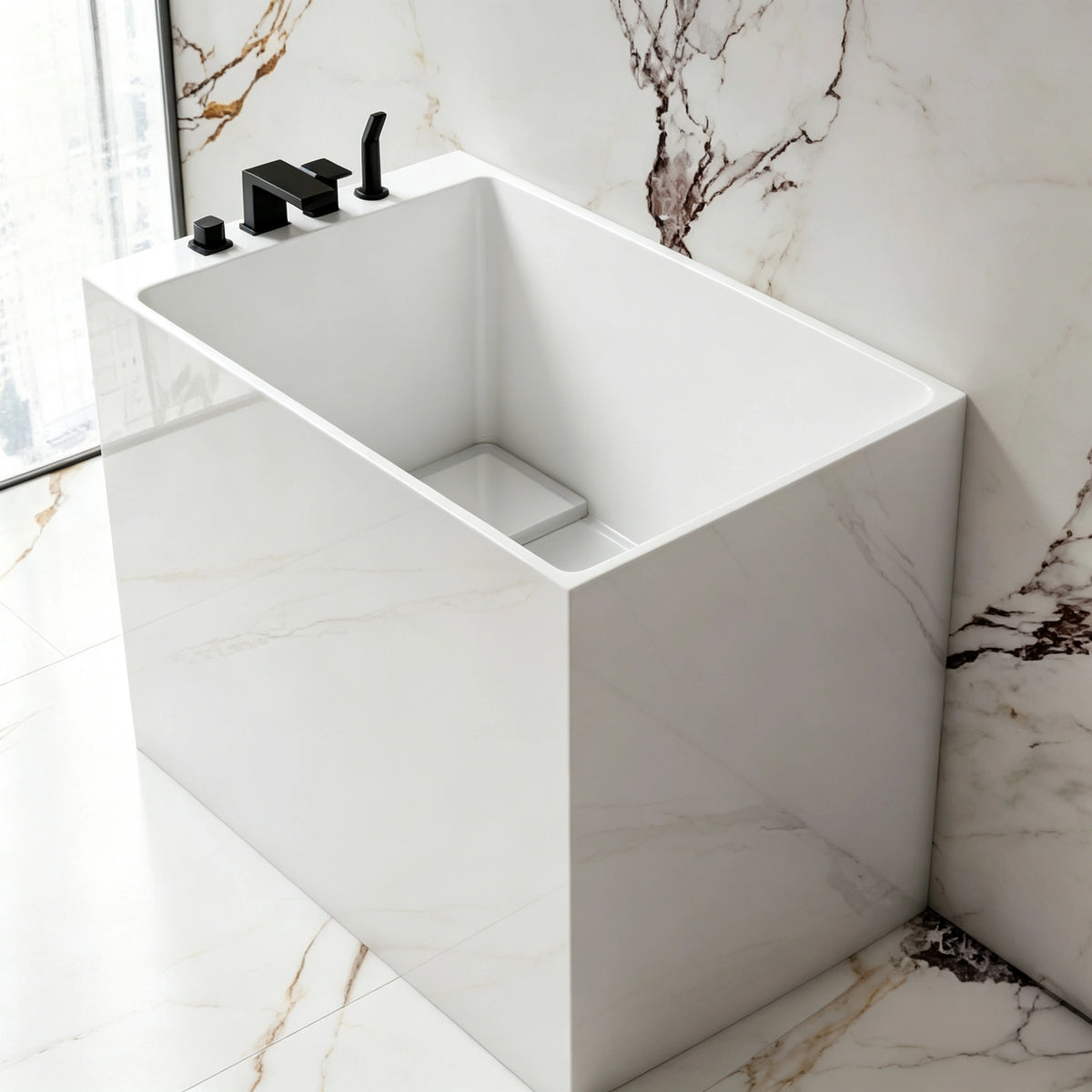 Compact back-to-wall bathtub installed in a marble bathroom corner.