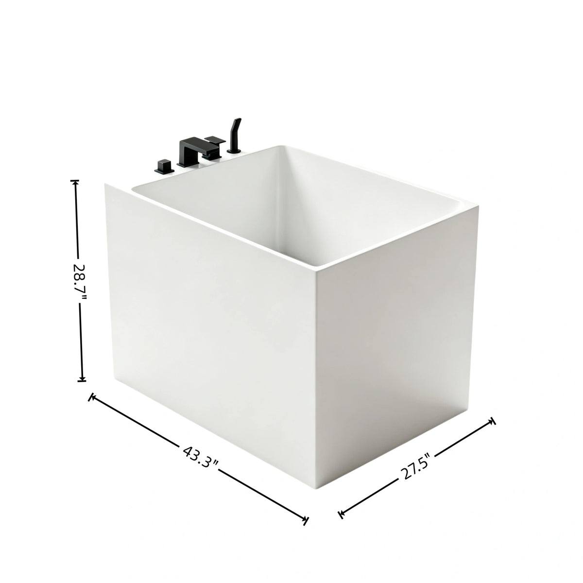 Dimension diagram for the 43-inch compact acrylic back-to-wall bathtub.