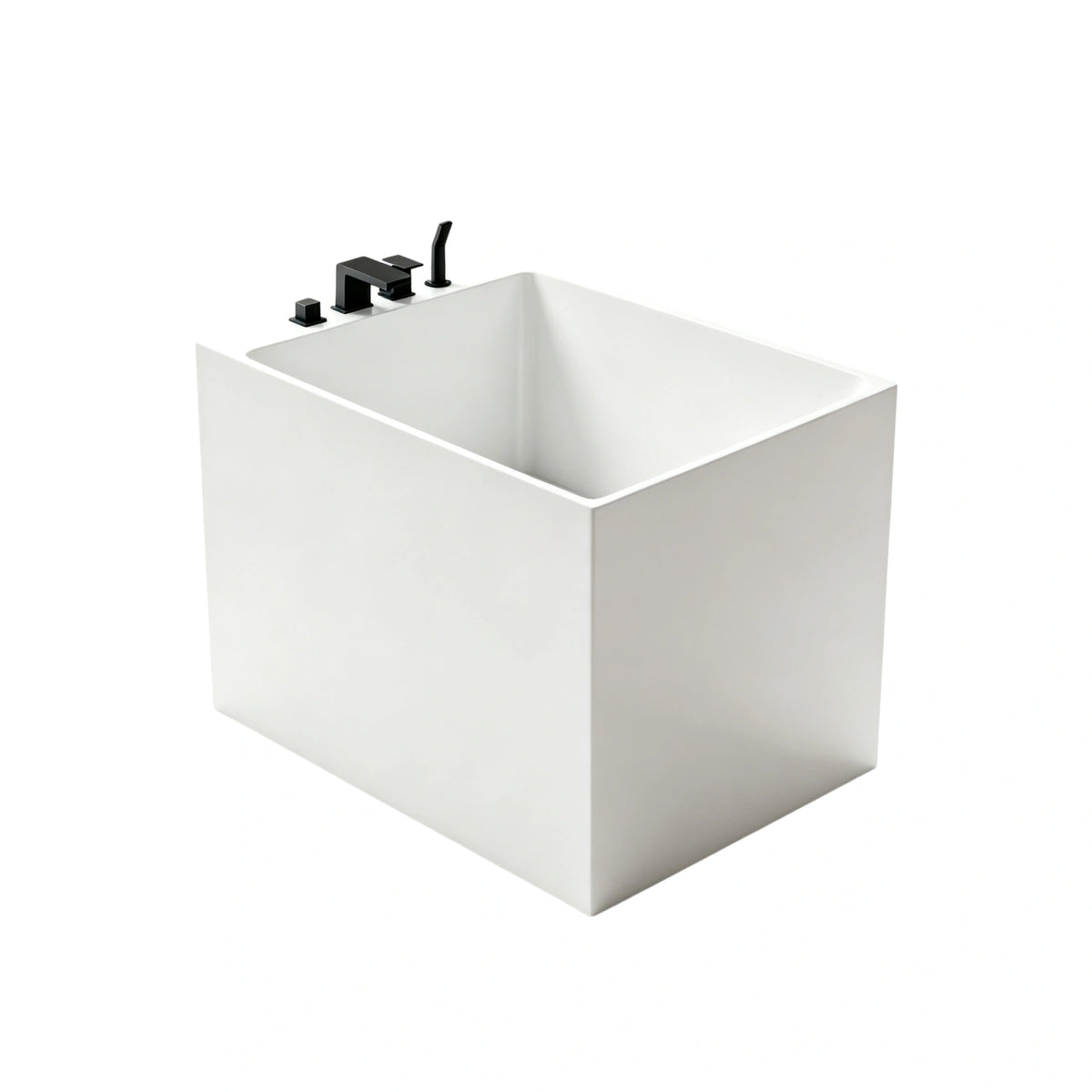Three-quarter view of the 43-inch glossy white acrylic back-to-wall bathtub.