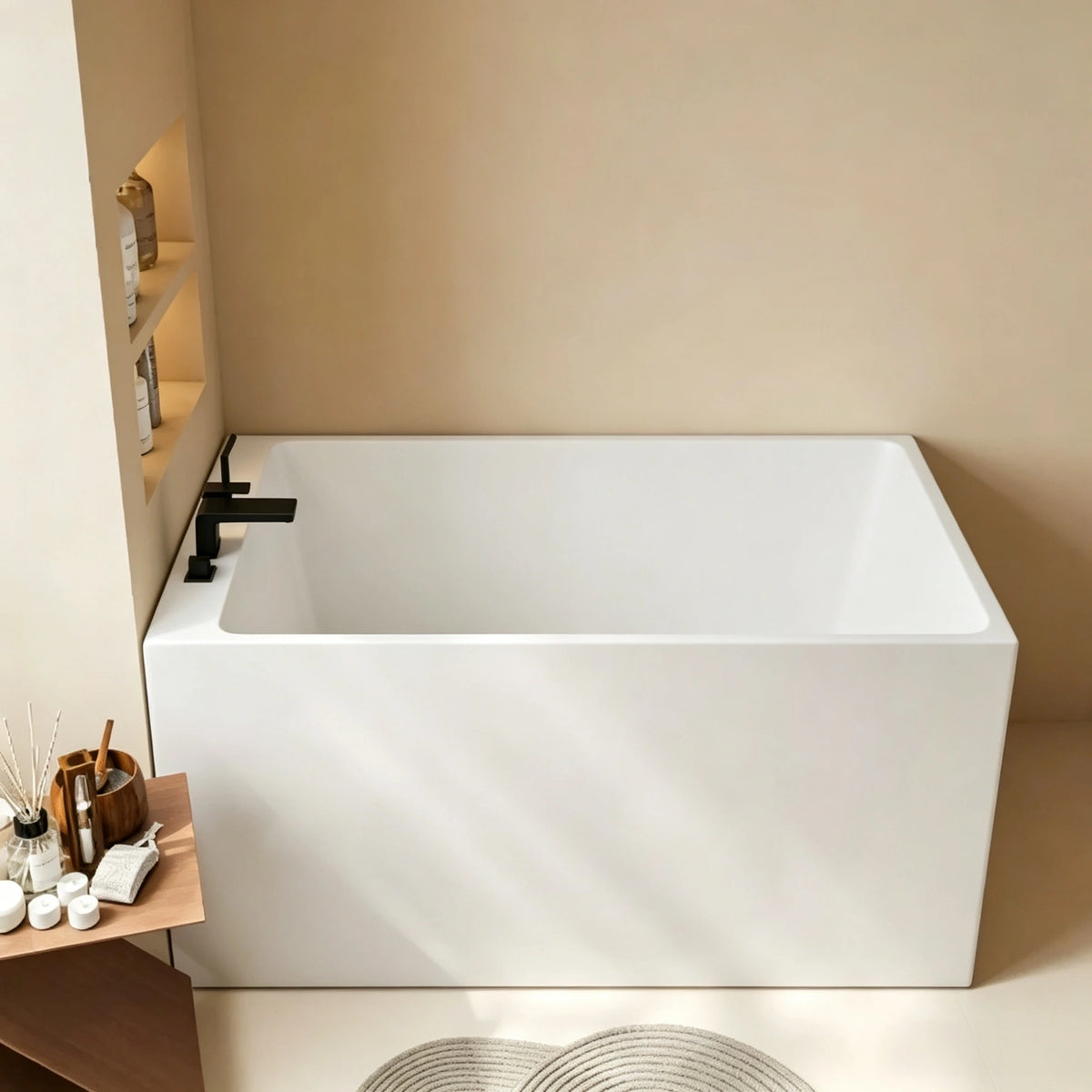 Compact back-to-wall bathtub in a small bathroom with a deck-mounted faucet.