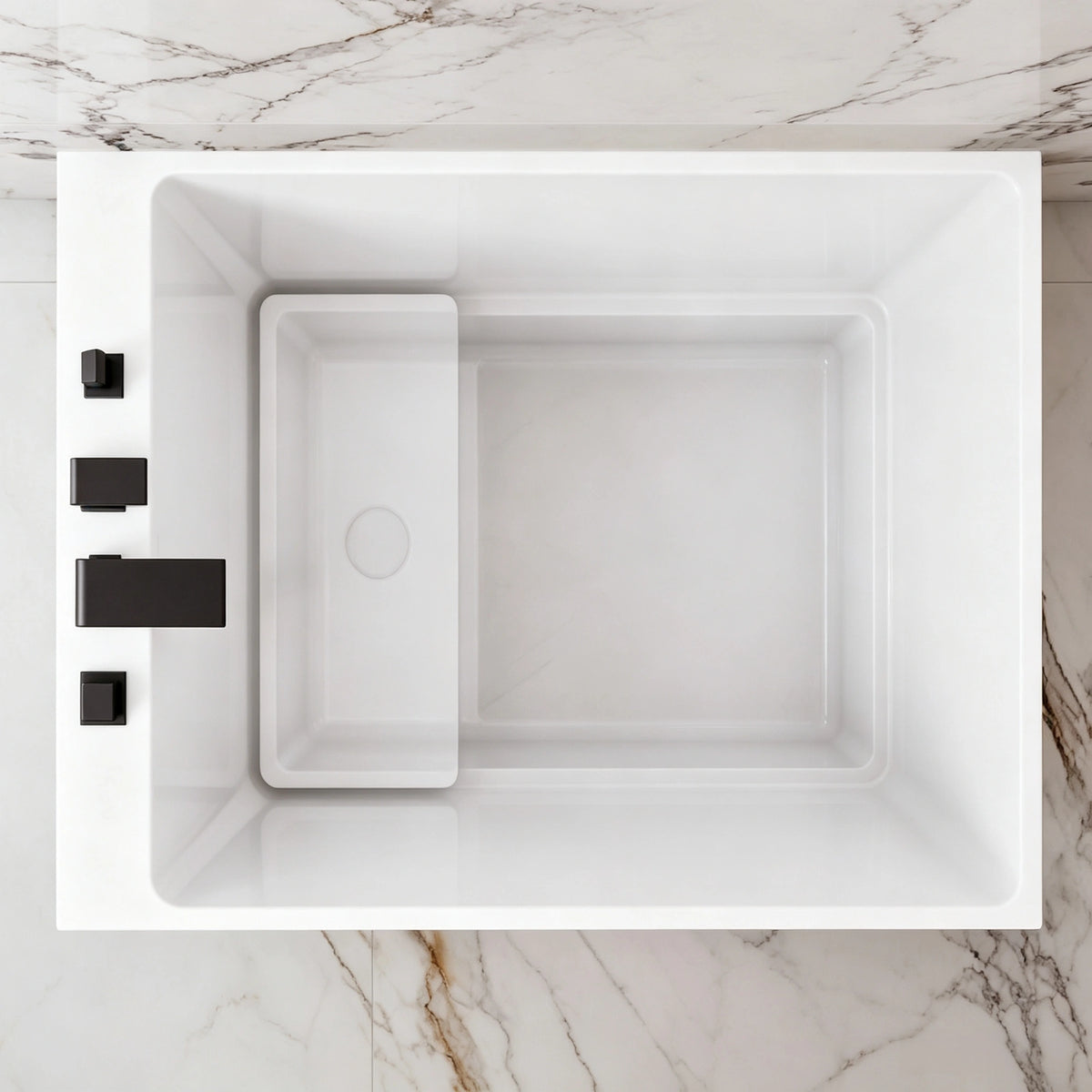 Top view of the 43-inch bathtub basin, seat, drain and deck-mounted faucet.