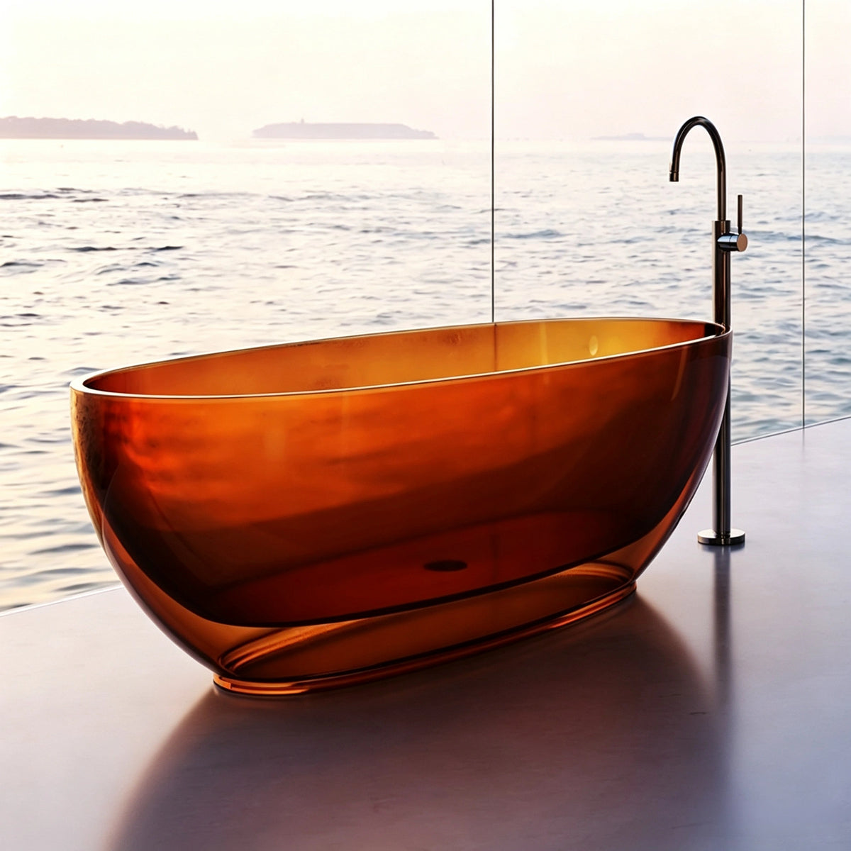 Angled oceanfront view of the transparent brown freestanding bathtub.