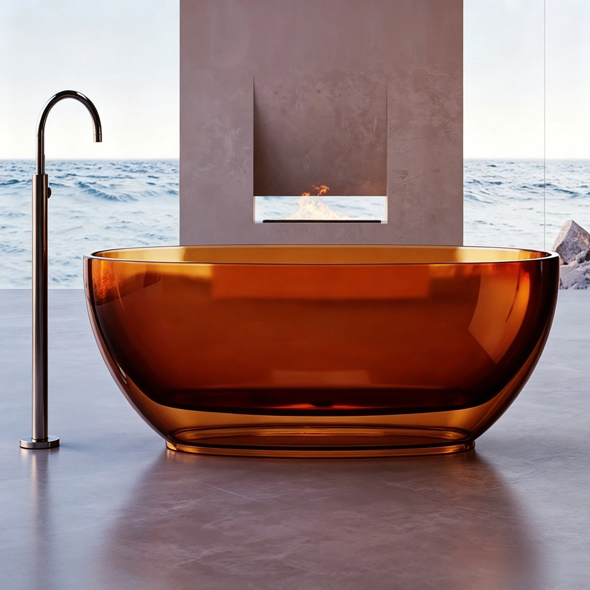 Front view of the transparent brown resin bathtub in an oceanfront bathroom.