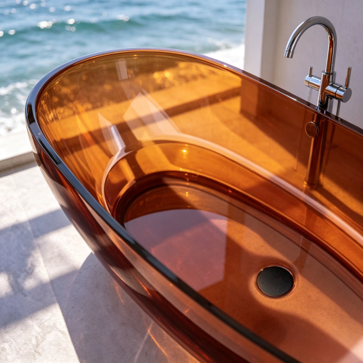 Top interior view of the transparent brown bathtub with dark drain.