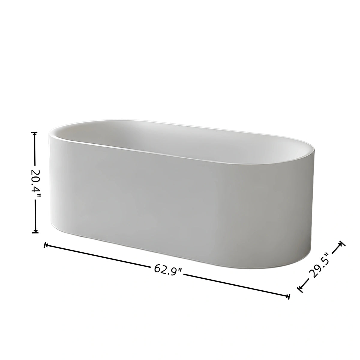 Dimension diagram for the 63-inch elongated oval acrylic bathtub.