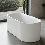 End-angle view showing the tall oval walls of the gloss white bathtub.