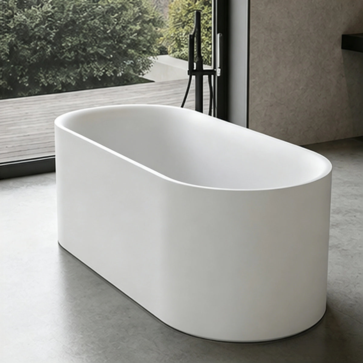 End-angle view showing the tall oval walls of the gloss white bathtub.