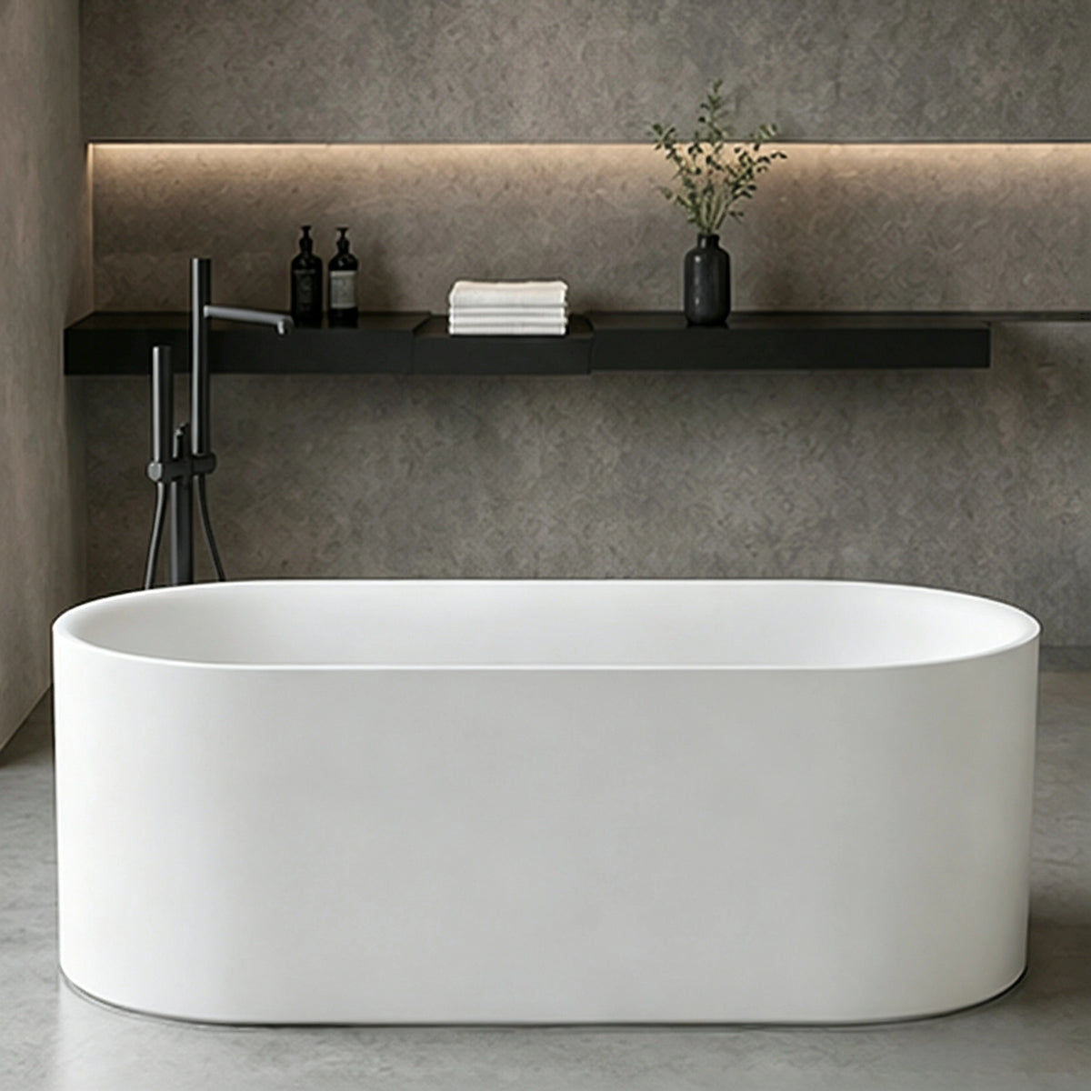 Front view of the 63-inch elongated oval acrylic freestanding bathtub.