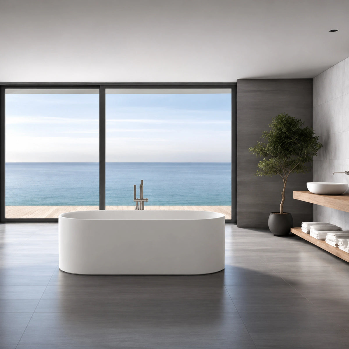 Elongated oval freestanding bathtub in a modern ocean-view bathroom.