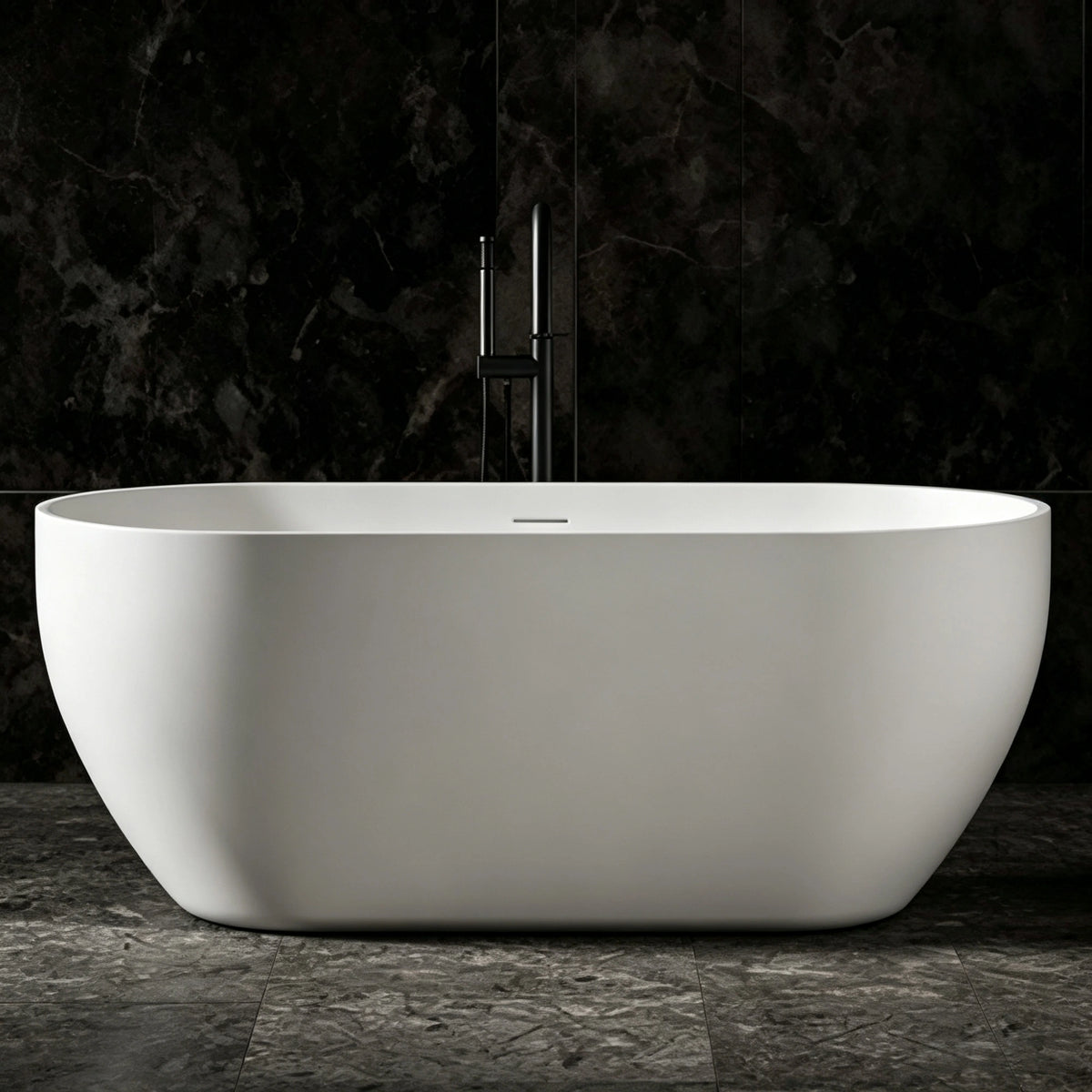 Front view of the 63-inch matte white solid surface bathtub.