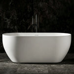 Front view of the 63-inch matte white solid surface bathtub.