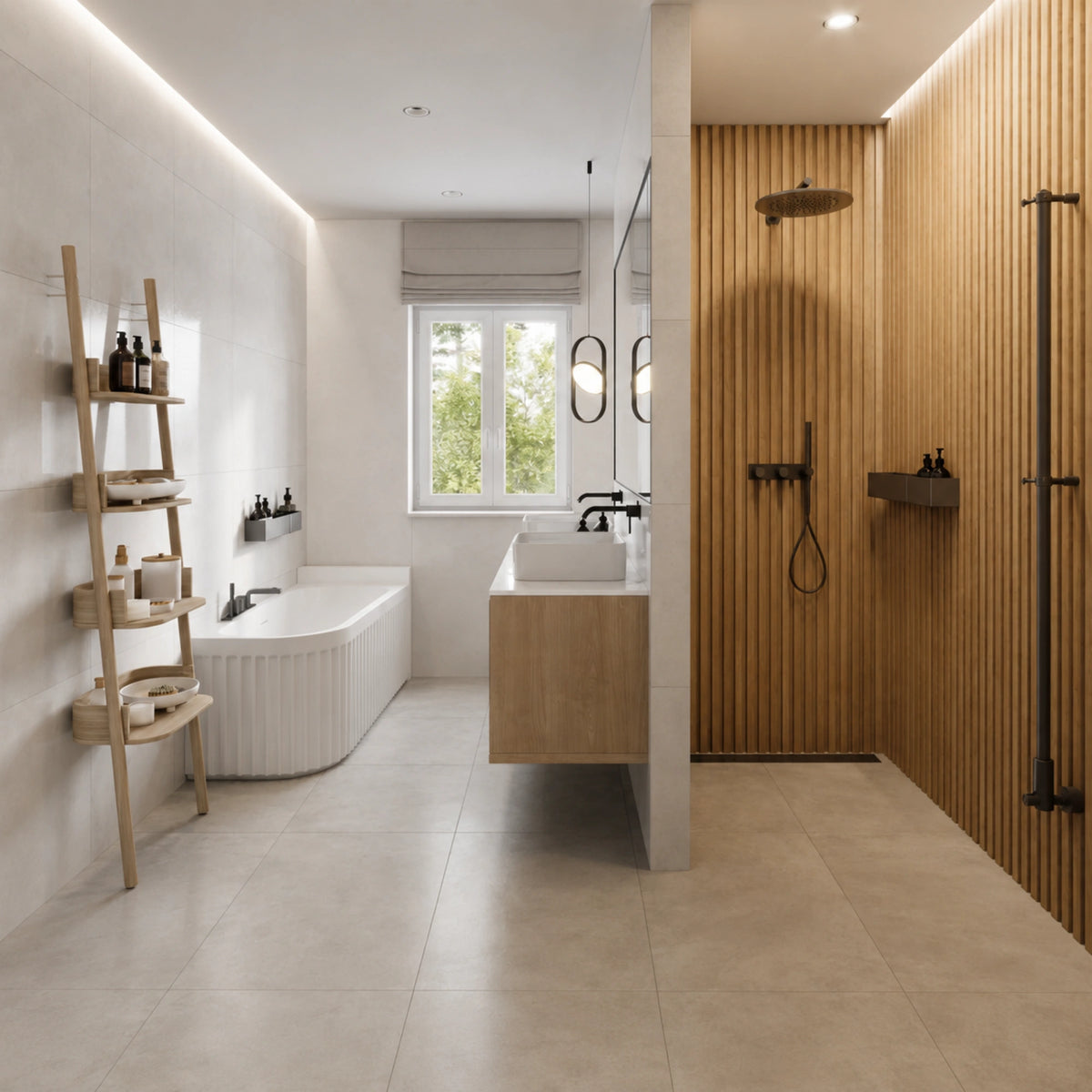 Curved-front fluted back-to-wall bathtub in a modern wood-accent bathroom.