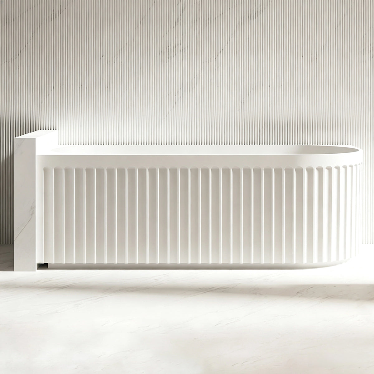 Front view of the curved fluted panel on the glossy white bathtub.