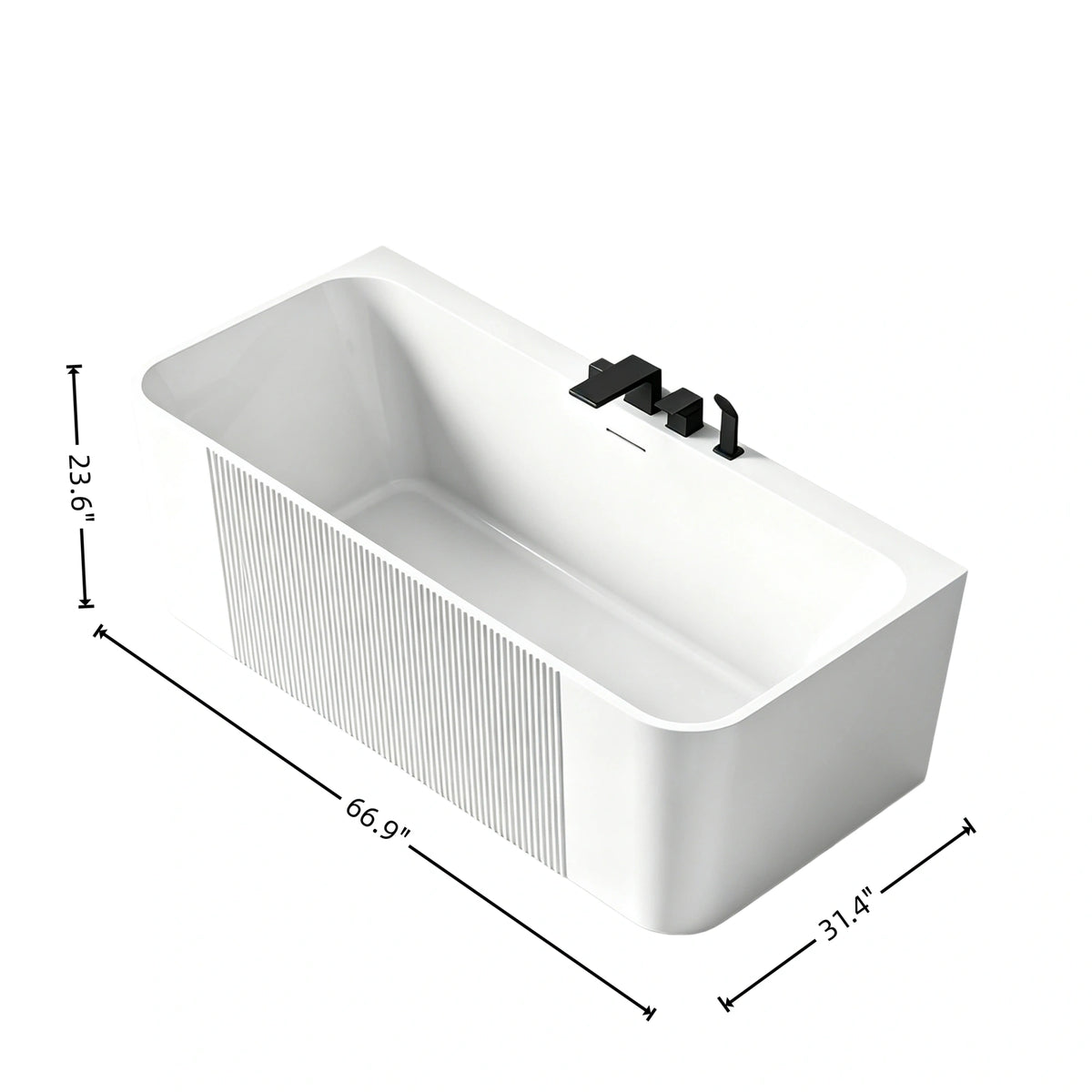 Dimension diagram for the 67-inch fluted-panel acrylic back-to-wall bathtub.