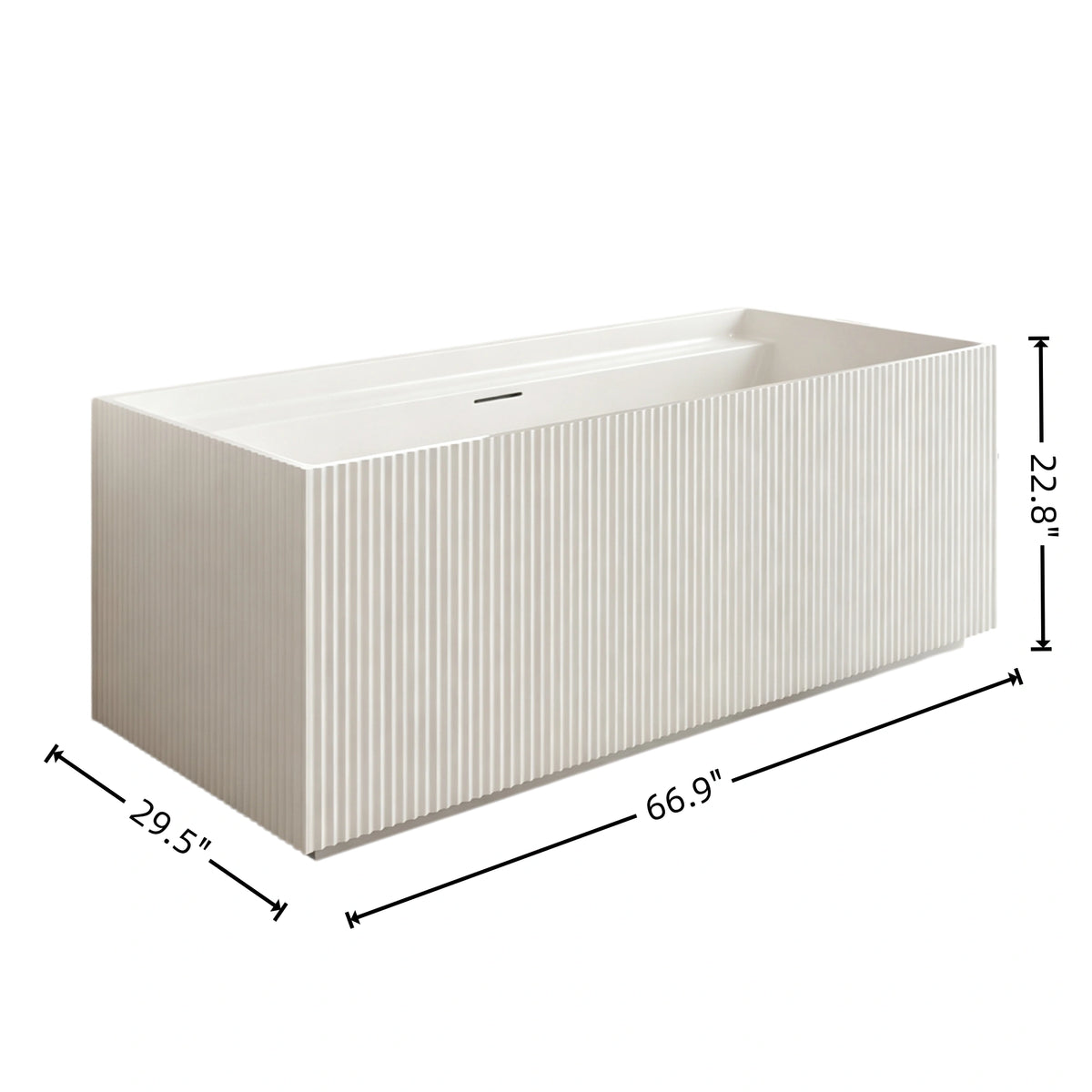 Dimension diagram for the 67-inch rectangular fluted back-to-wall bathtub.