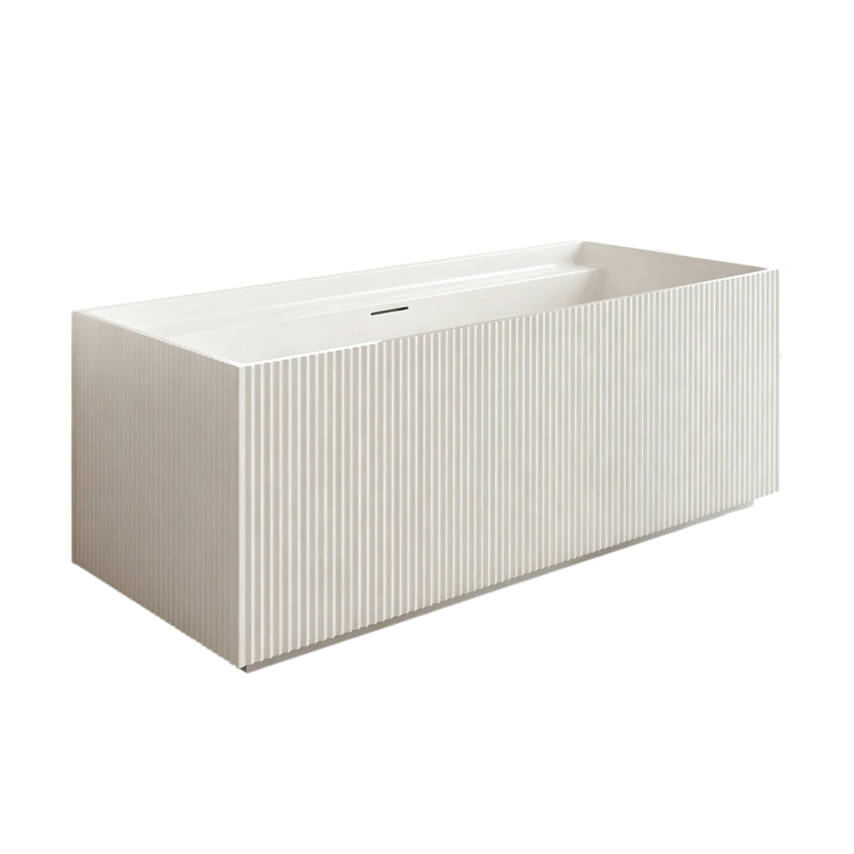 Three-quarter view of the 67-inch rectangular fluted back-to-wall bathtub.