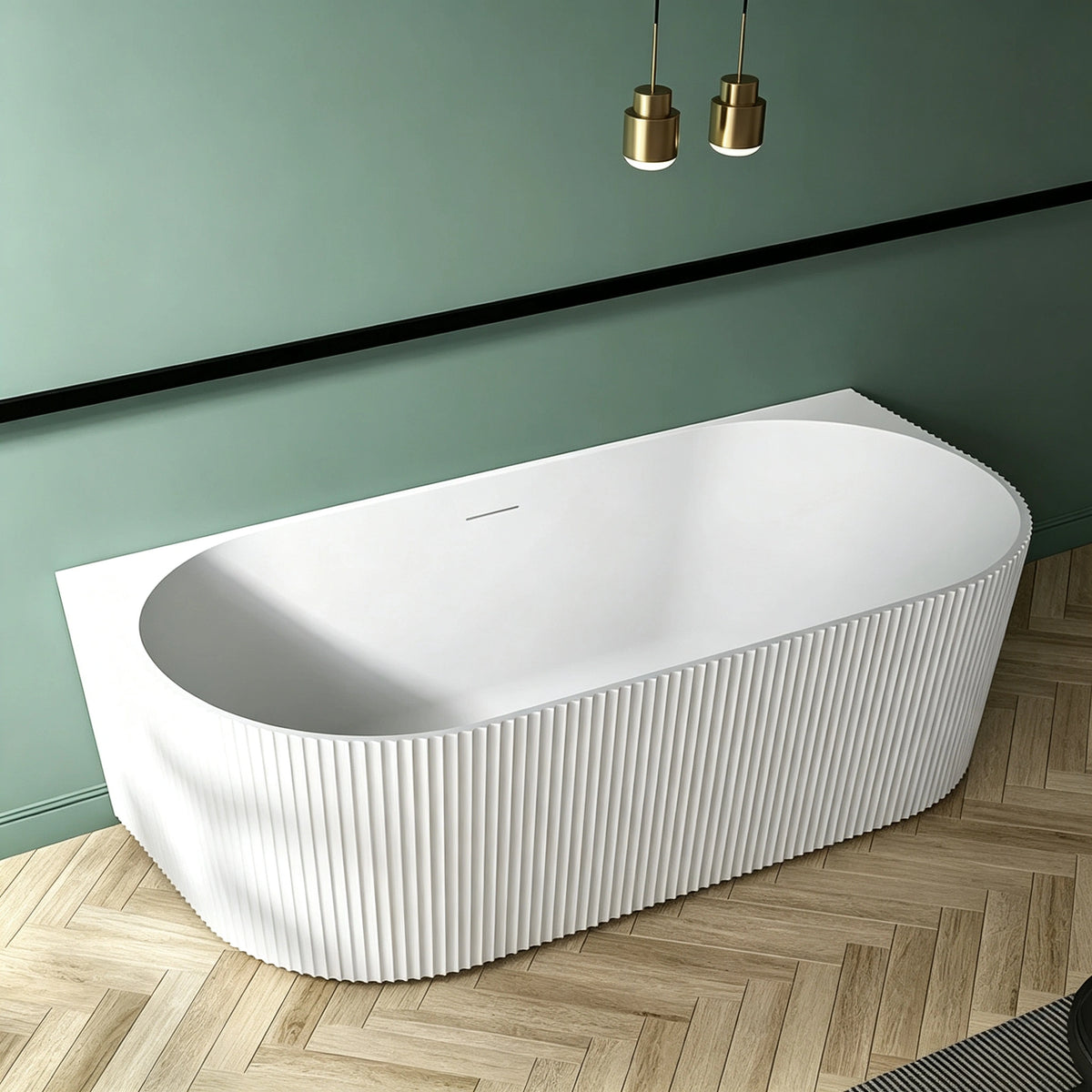 Angled view of the curved ribbed bathtub installed against a wall.