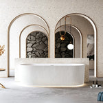 Front bathroom view of the curved ribbed back-to-wall bathtub.