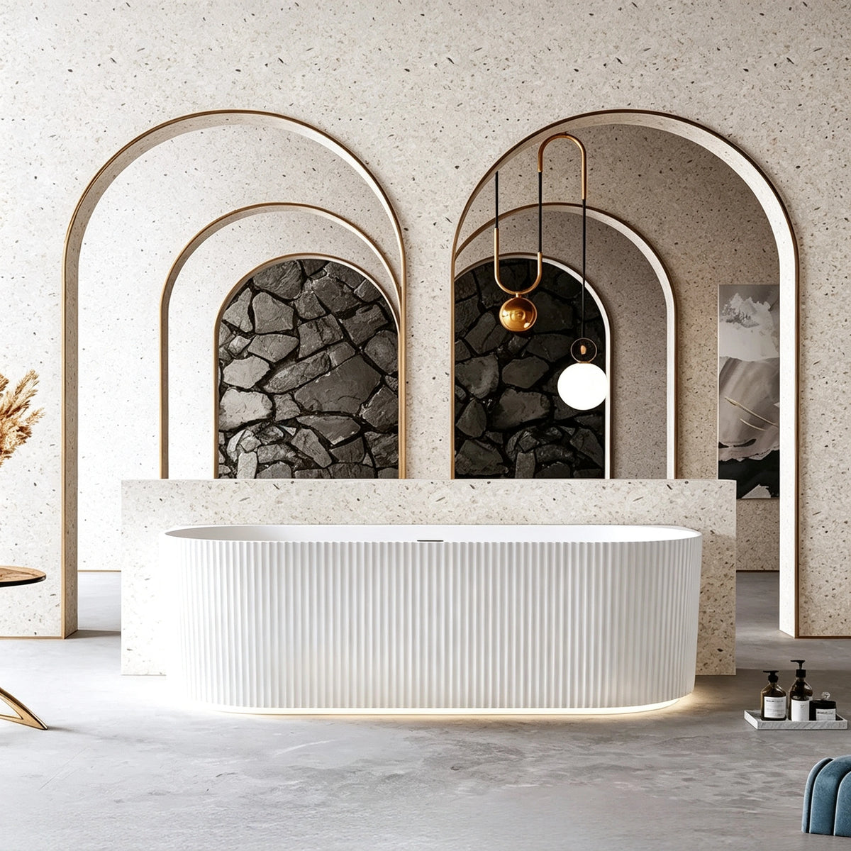 Front bathroom view of the curved ribbed back-to-wall bathtub.