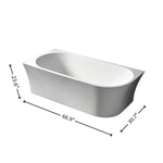 Dimension diagram for the 67-inch tapered acrylic back-to-wall bathtub.