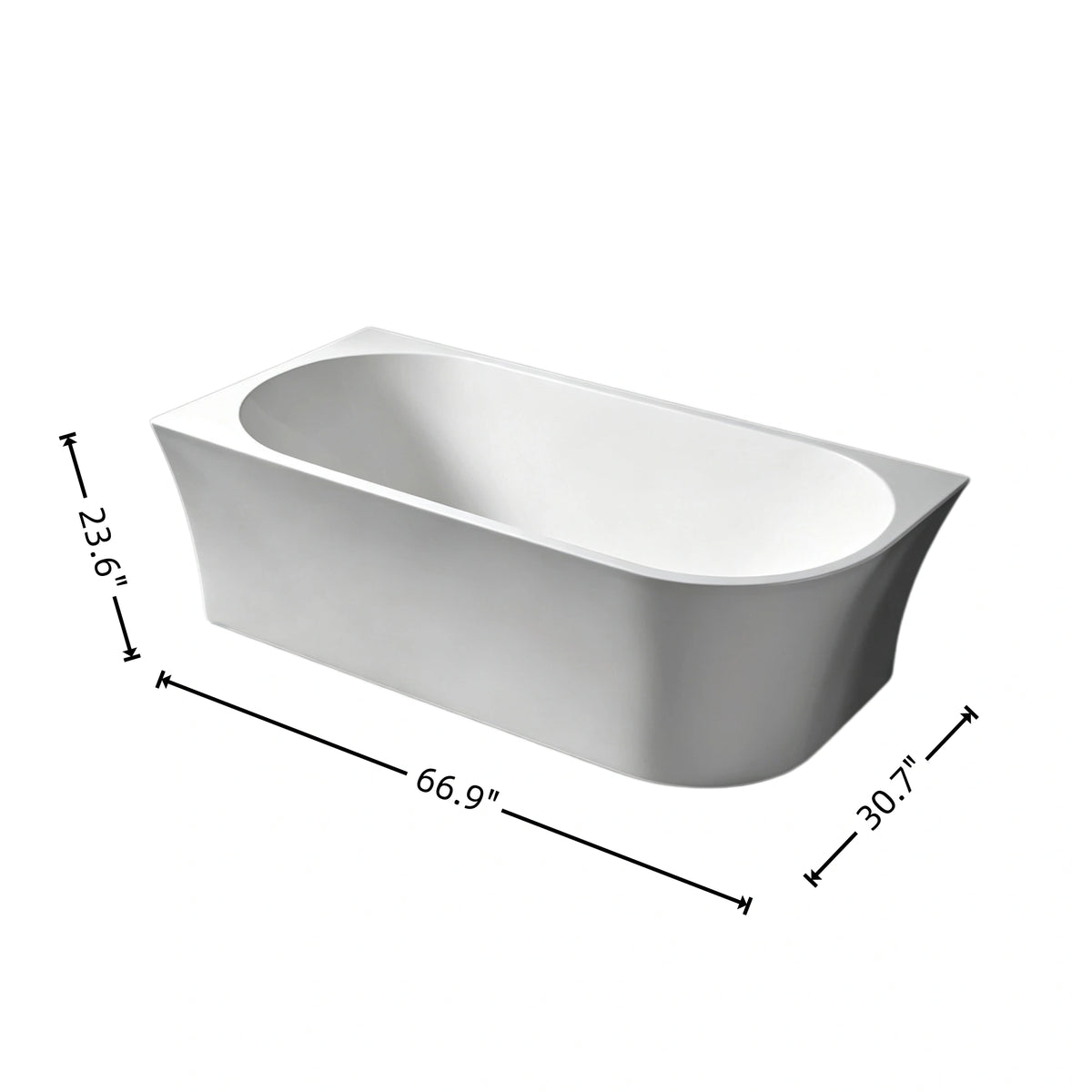 Dimension diagram for the 67-inch tapered acrylic back-to-wall bathtub.
