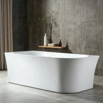 Front bathroom view of the glossy white tapered bathtub.
