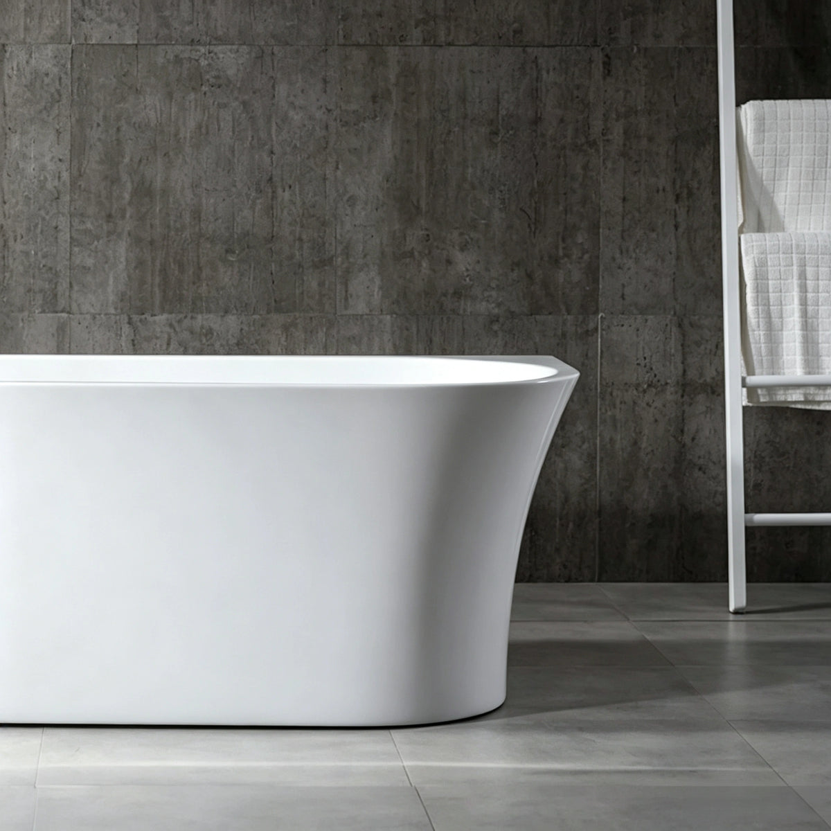 Side profile showing the tapered exterior of the glossy white bathtub.