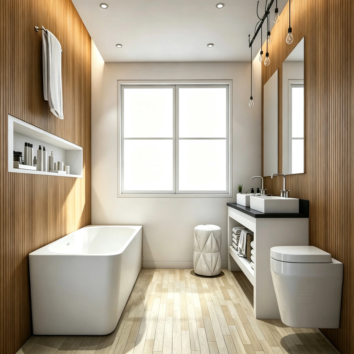 Tapered back-to-wall bathtub installed in a narrow wood-accent bathroom.