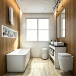 Tapered back-to-wall bathtub installed in a narrow wood-accent bathroom.