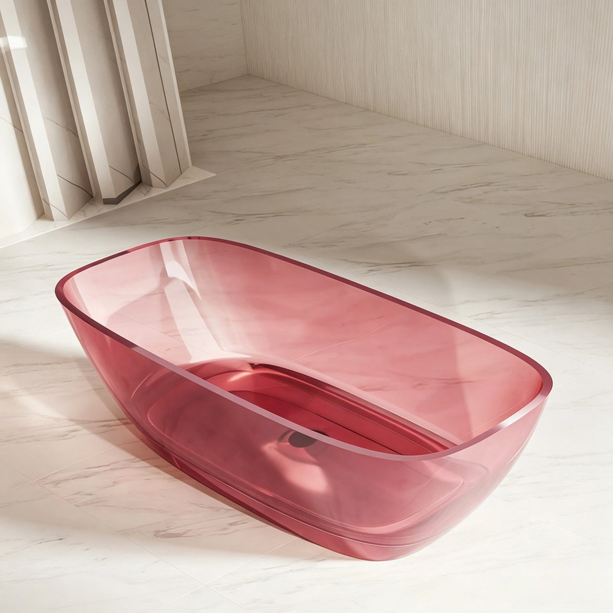 Angled bathroom view of the transparent pink resin bathtub.