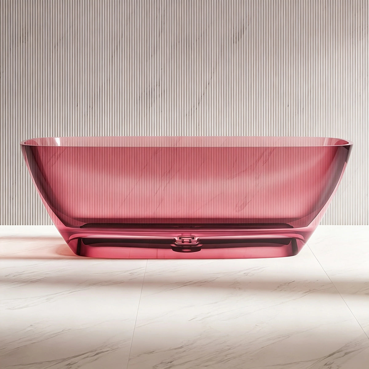 Front view of the transparent pink freestanding bathtub and sculpted base.