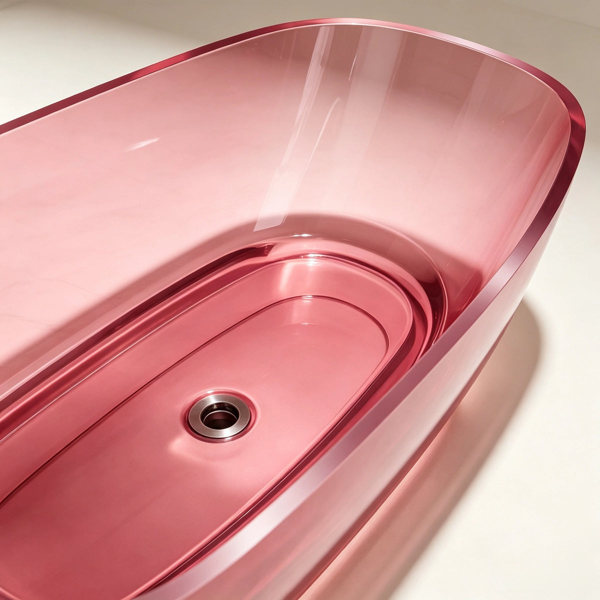 Interior view showing the drain and molded basin of the pink bathtub.