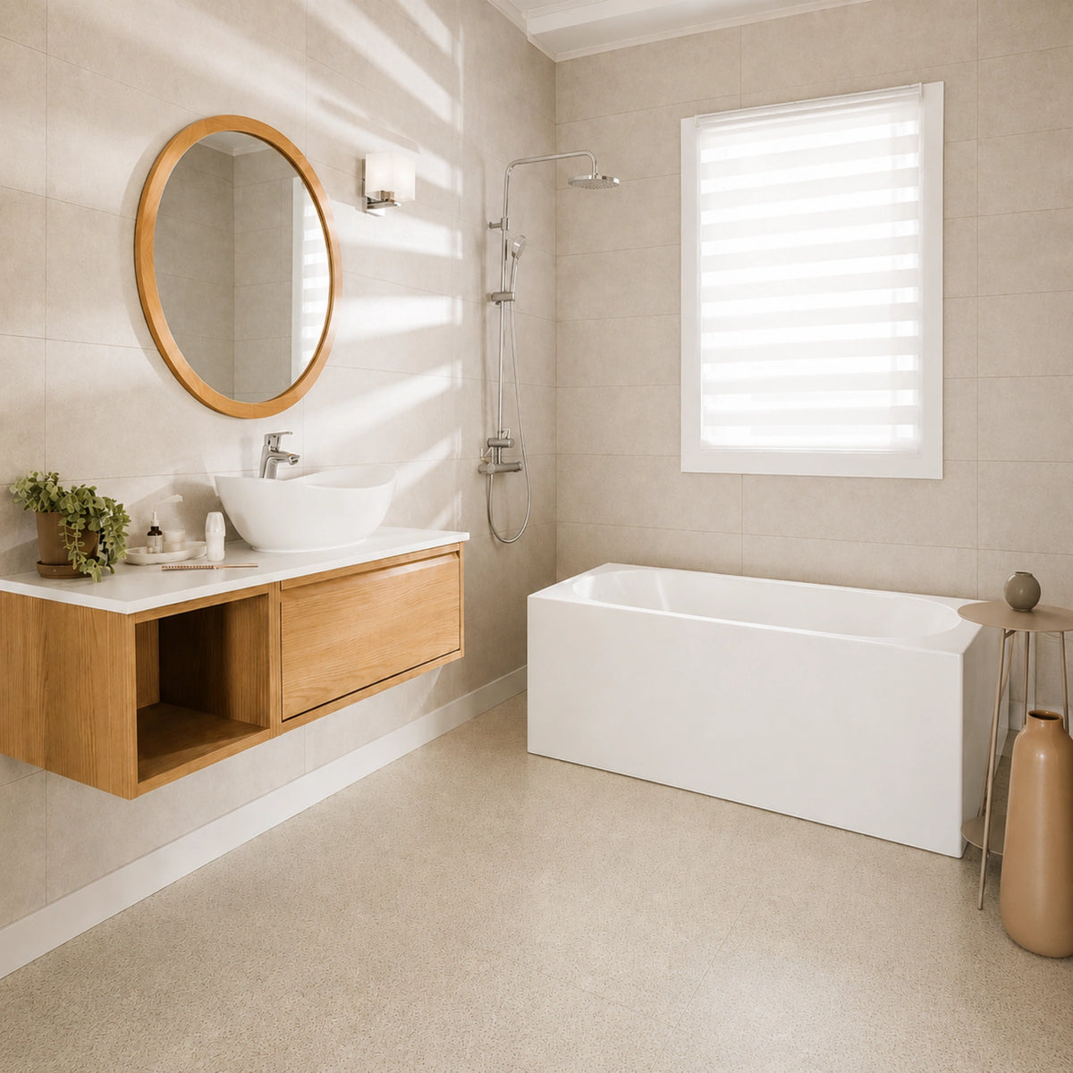 Wide-rim rectangular freestanding bathtub in a bright modern bathroom.