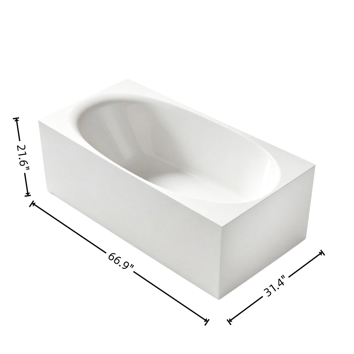Dimension diagram for the 67-inch wide-rim rectangular acrylic bathtub.