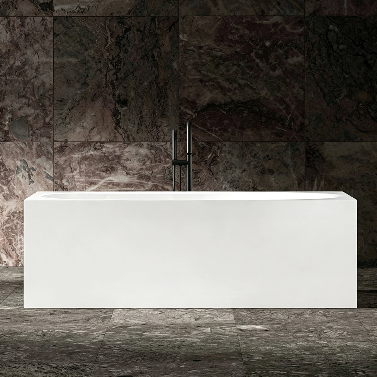 Front view of the glossy white wide-rim rectangular bathtub.