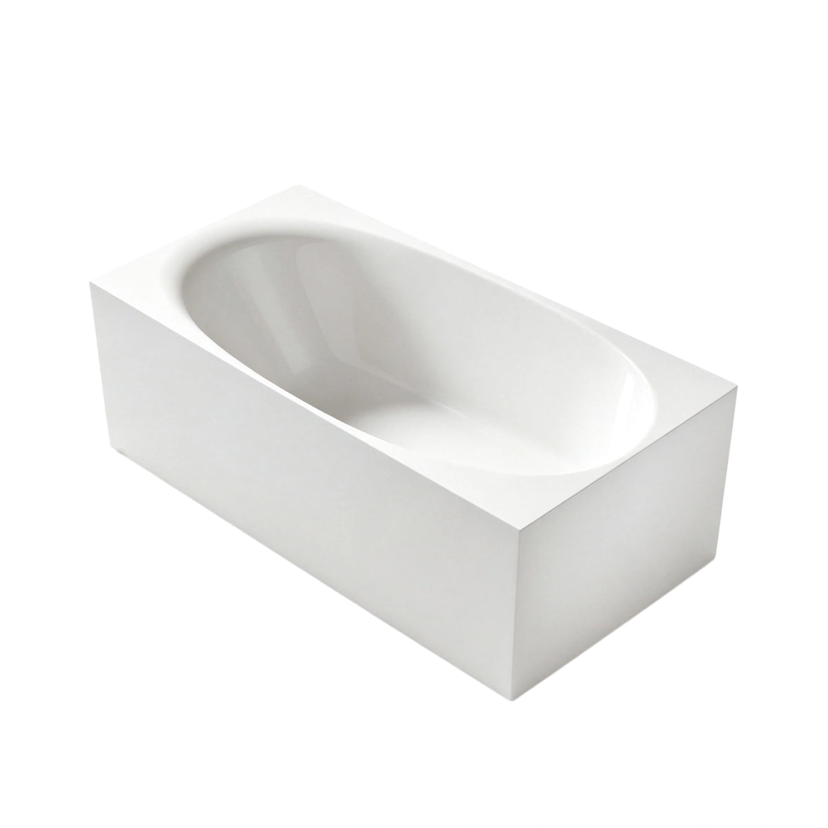 Three-quarter view of the 67-inch wide-rim rectangular acrylic freestanding bathtub.
