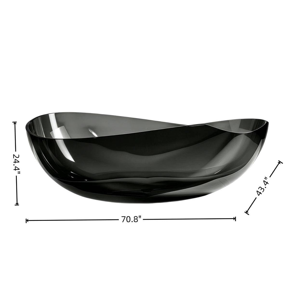 Dimension diagram for the 71-inch transparent black resin bathtub.