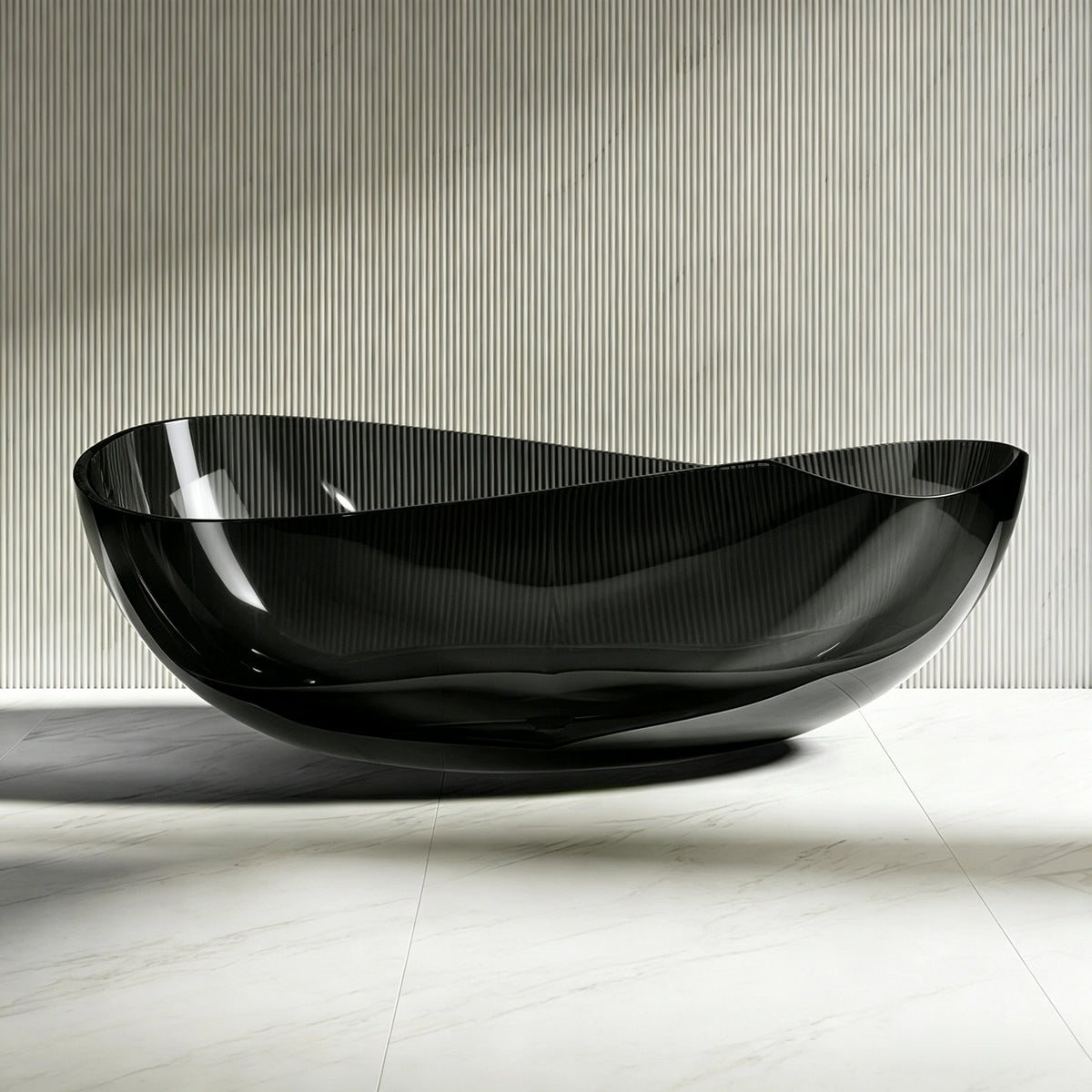 Front bathroom view of the transparent black sculptural bathtub.