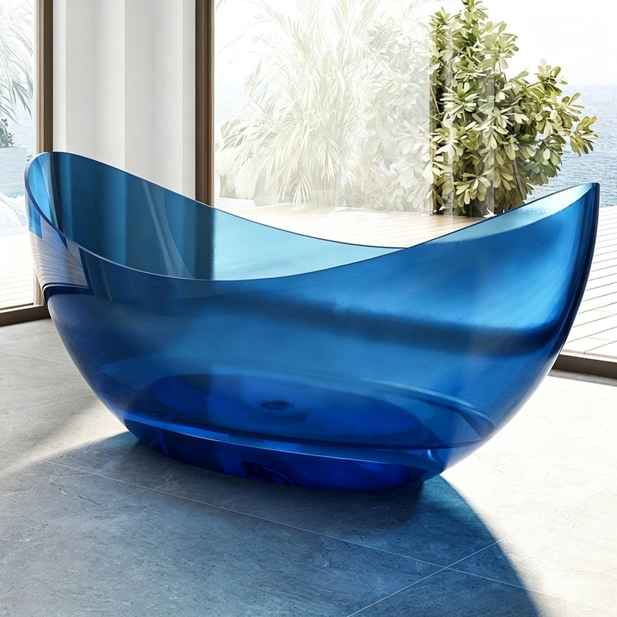 Angled bathroom view of the transparent blue crescent bathtub.