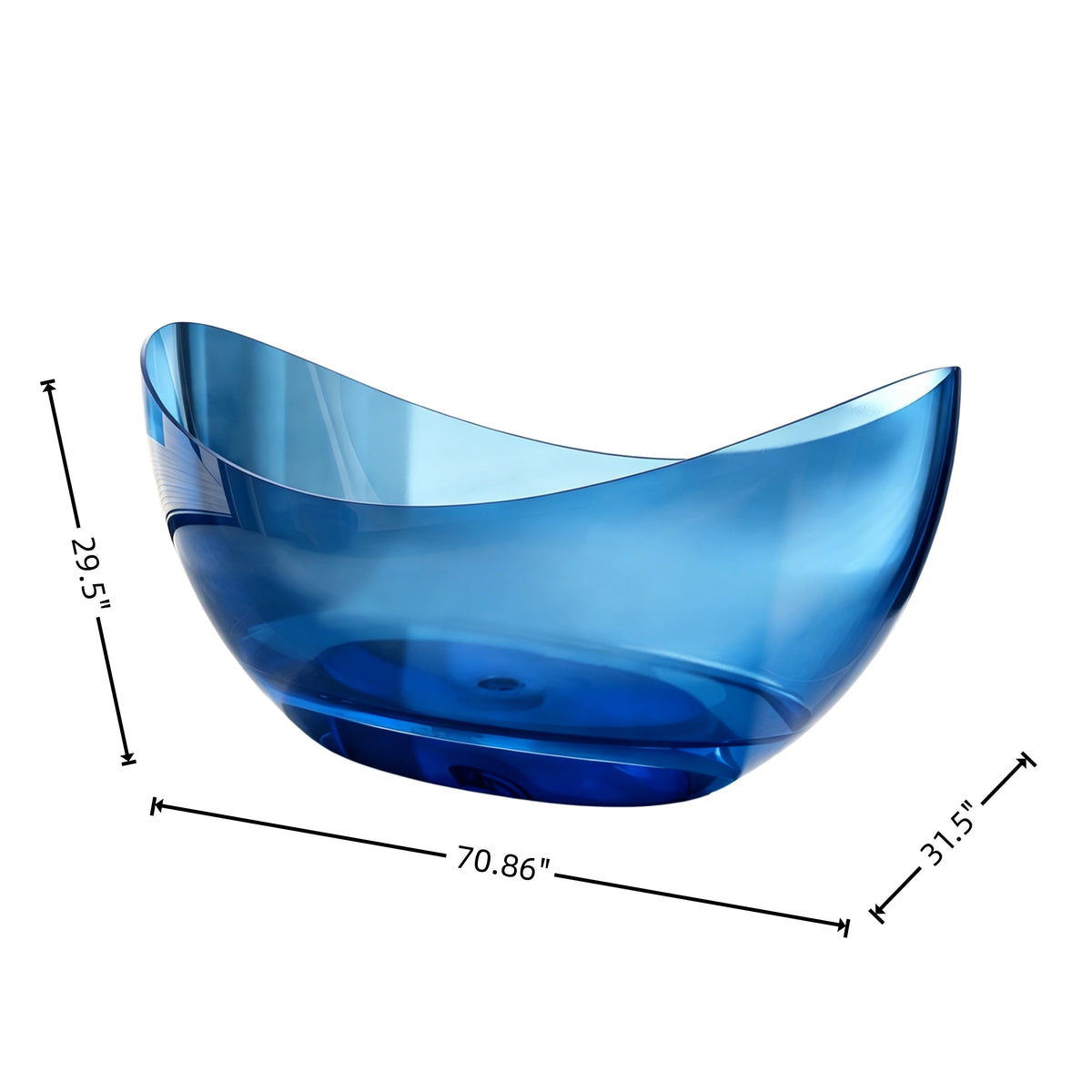 Dimension diagram for the 71-inch transparent blue crescent bathtub.