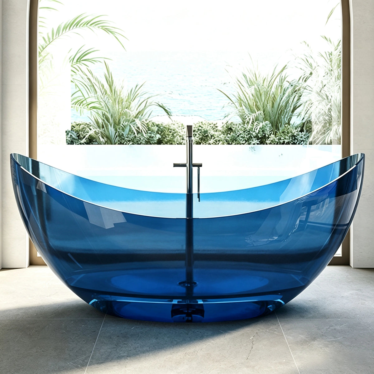 Front view of the blue crescent bathtub with a floor-mounted faucet behind it.