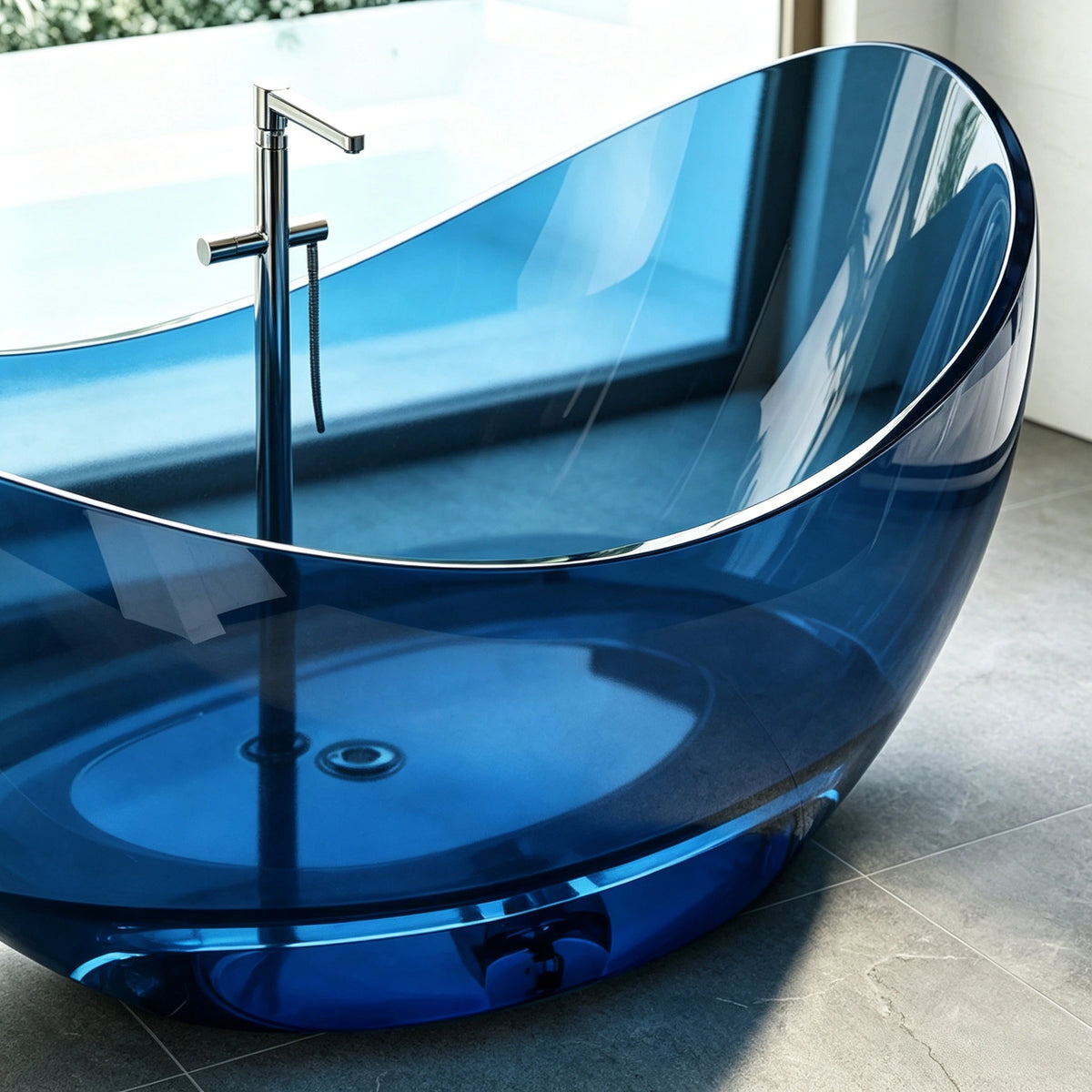 Interior view of the blue resin bathtub with a floor-mounted tub filler.