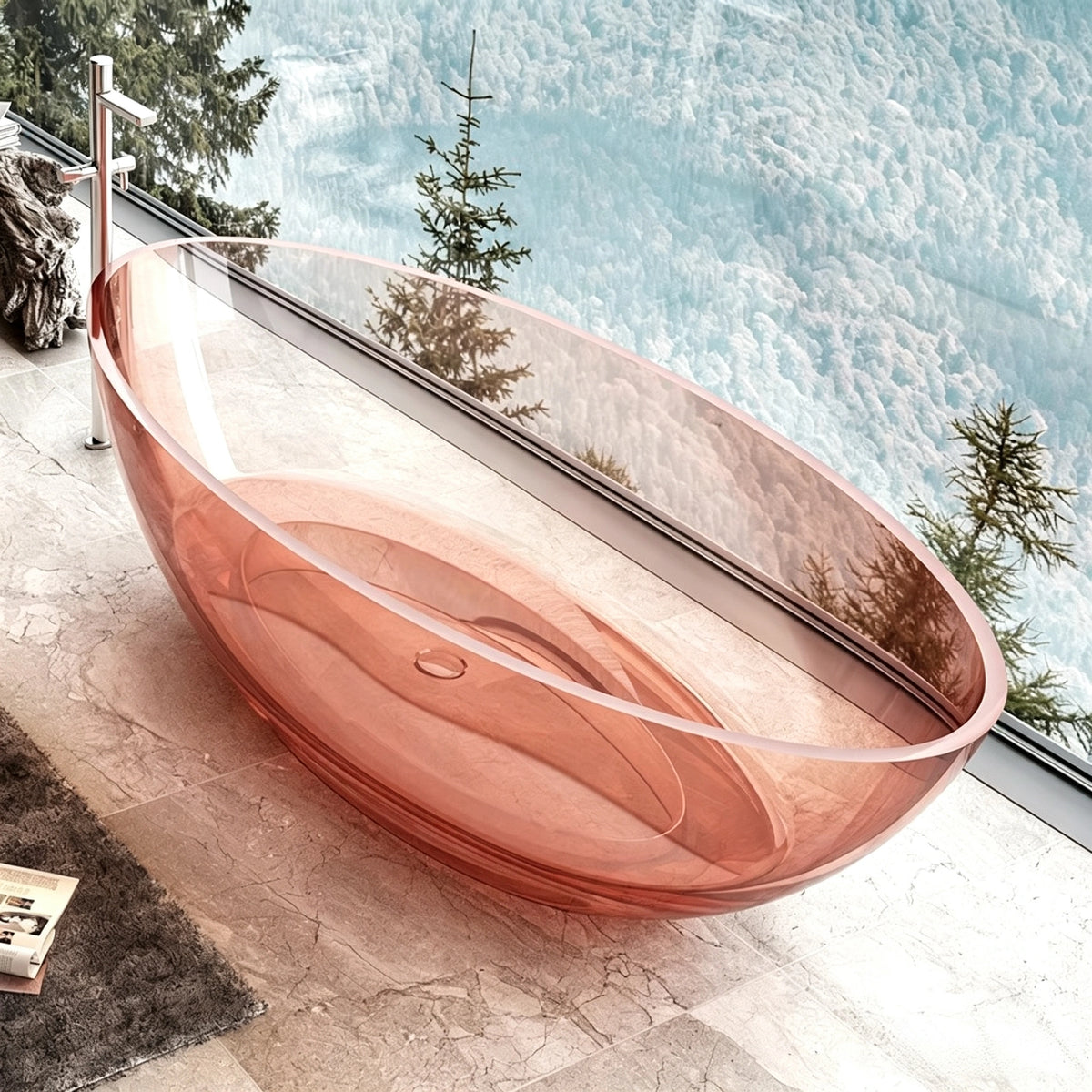 Angled mountain-view setting with the transparent pink resin bathtub.