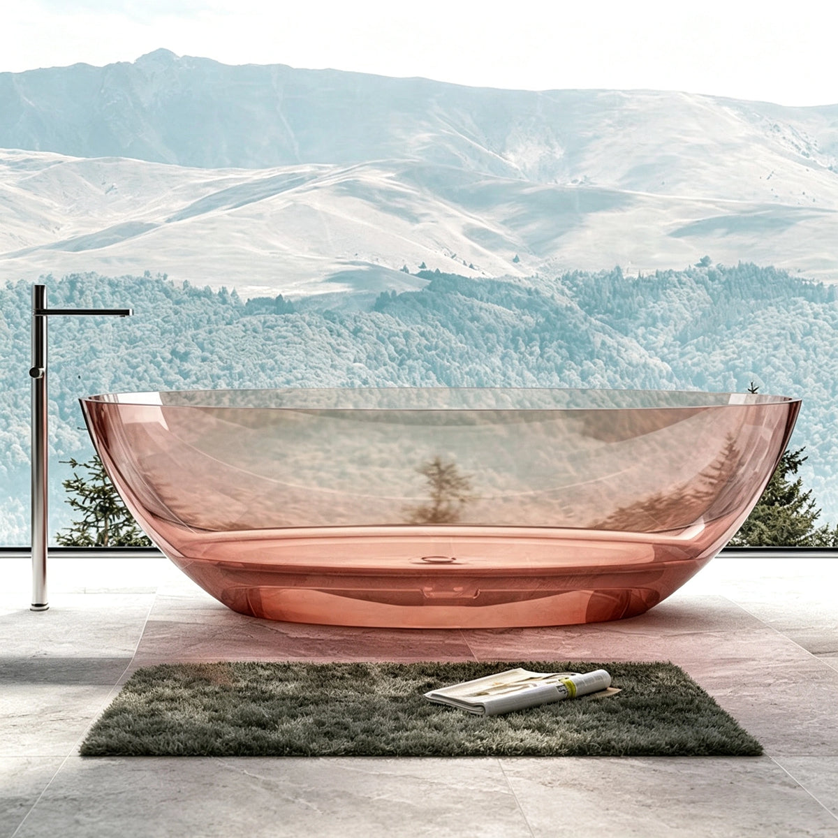 Front view of the transparent pink oval bathtub in a mountain-view bathroom.