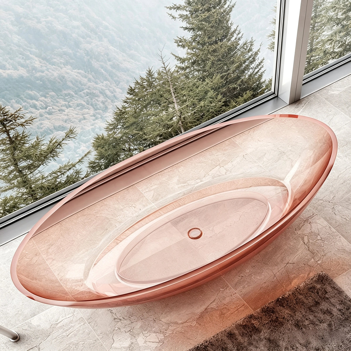 Top view into the transparent pink oval bathtub basin.