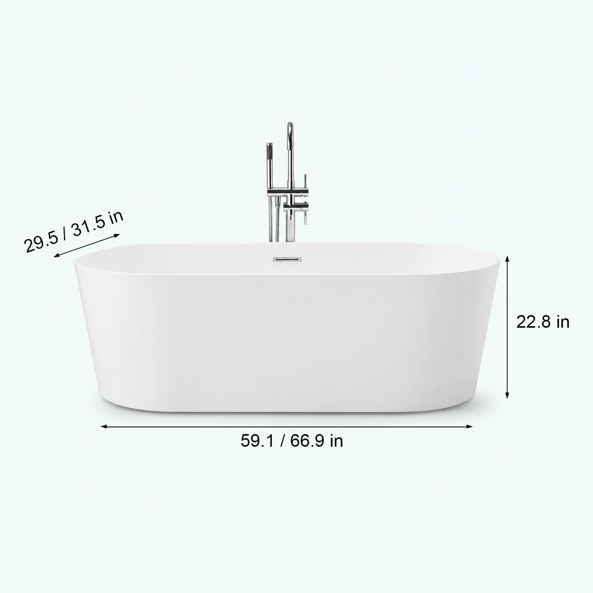 Dimensions for oval freestanding bathtub, 59.1 inch/66.9 inch