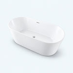 Side profile view of white freestanding soaking tub on plain background