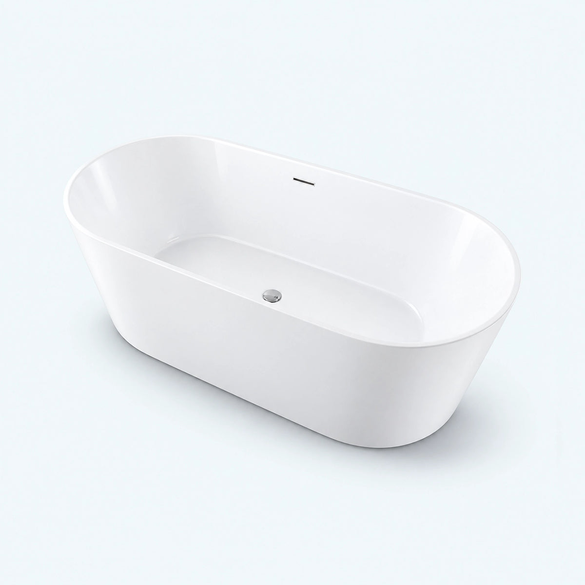 Side profile view of white freestanding soaking tub on plain background