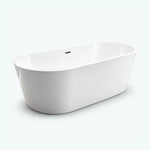 Side profile view of white freestanding soaking tub on plain background
